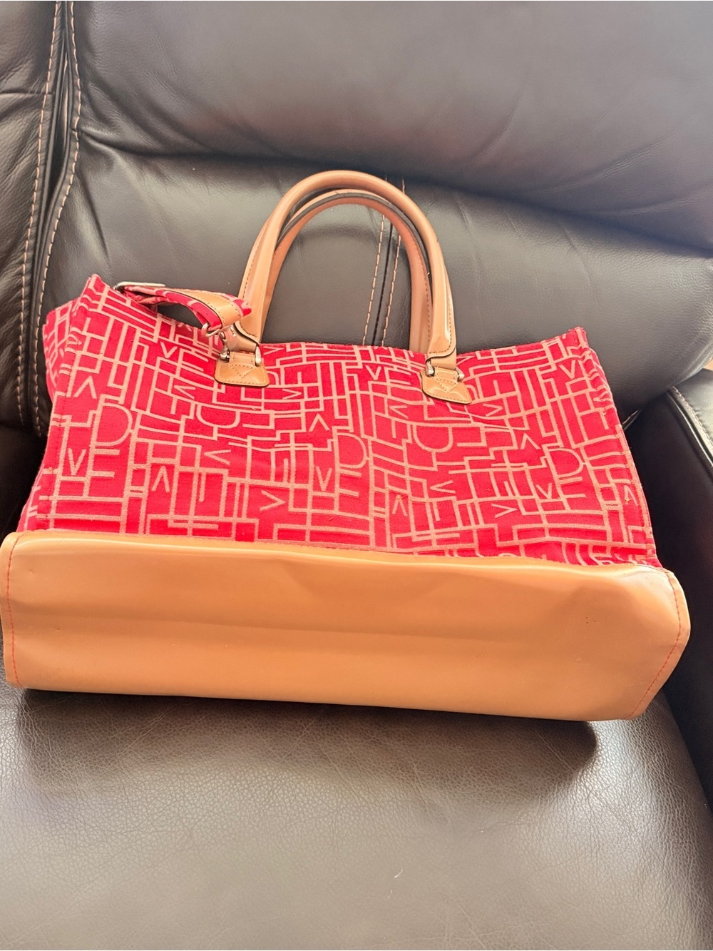 Diane Von Furstenberg Tote Bag Large Red Monogram Weekend Travel Canvas Leather - Picture 7 of 10
